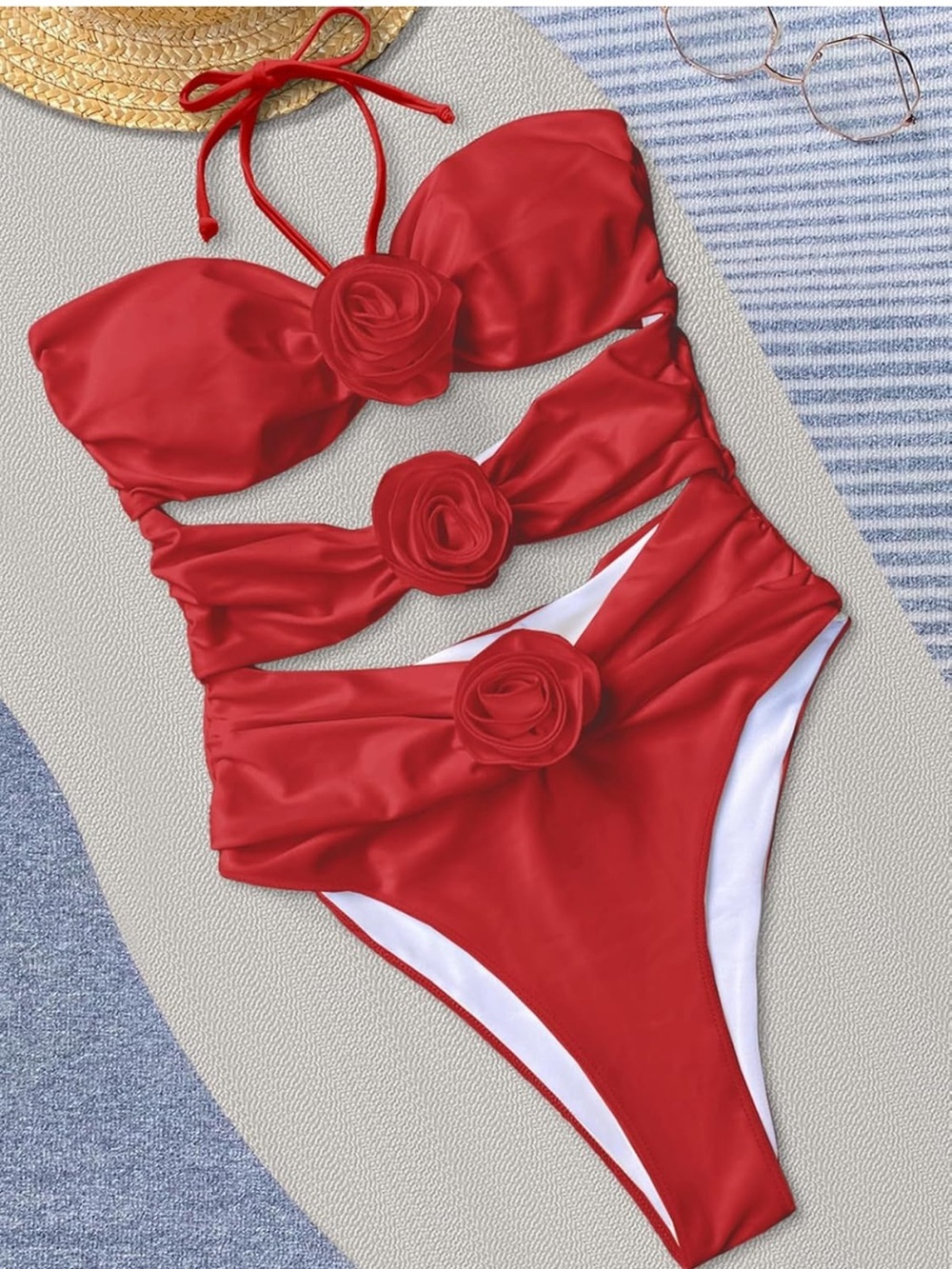 Red Floral Cutout One-Piece Swimsuit - Picture 4 of 4